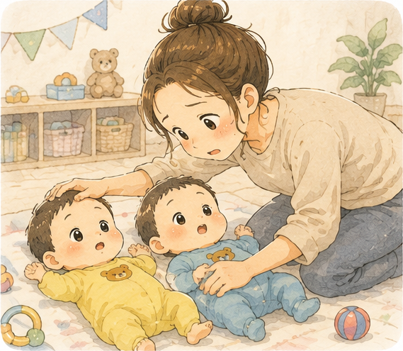双子の体を心配そうに確かめるママ