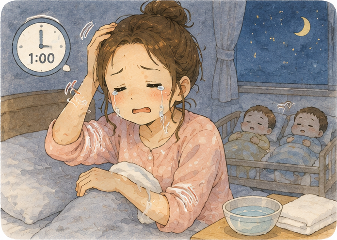 夜中に痒くて眠れず、濡れタオルで体を冷やすママ