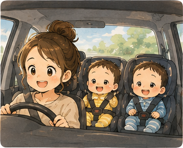 双子を乗せて朝のドライブへ