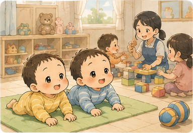 支援センターで遊具に囲まれて遊ぶ双子