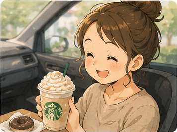車の中でスタバの甘いドリンクを楽しむ
