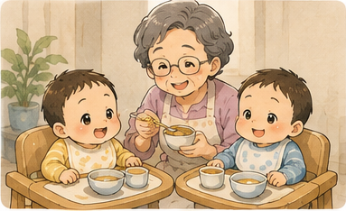ばぁばが張り切って離乳食を食べさせてくれる